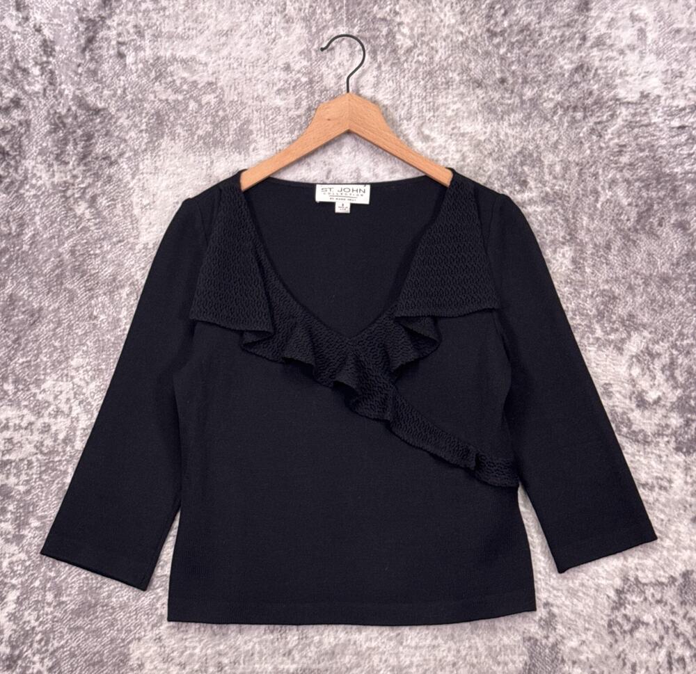 St John Top 6 Womens Black Santana Knit Ruffle 3/4 Sleeve